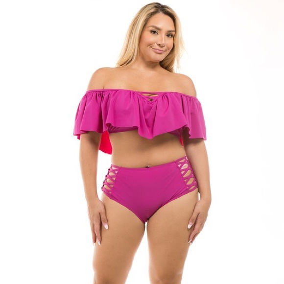 Plus Burgundy Ruffled Top Lattice Swimsuit - Picture 5 of 5